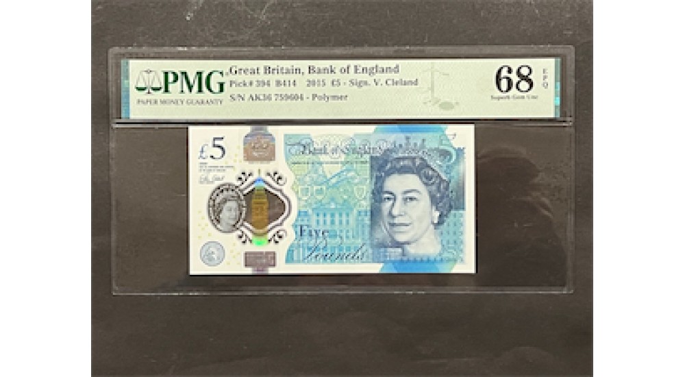Five Pound - Clealand - 2015 - AK36 759604 - PMG 68 - UNC - B414 - H940Banknotes Five Pound - Clealand - 2015 - AK36 759604 - PMG 68 - UNC - B414 - H940Banknotes