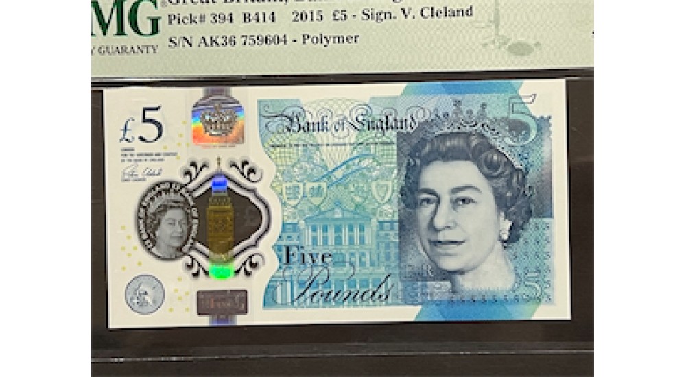 Five Pound - Clealand - 2015 - AK36 759604 - PMG 68 - UNC - B414 - H940Banknotes Five Pound - Clealand - 2015 - AK36 759604 - PMG 68 - UNC - B414 - H940Banknotes