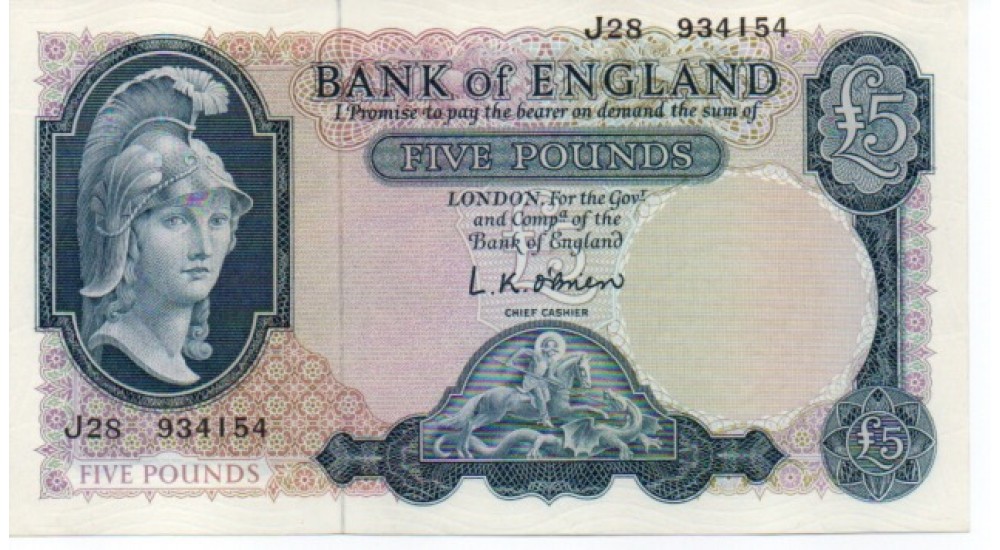 Five Pound - O Brien - 1961 - J28 934154 - UNC - B280 - H1048Banknotes Five Pound - O Brien - 1961 - J28 934154 - UNC - B280 - H1048Banknotes
