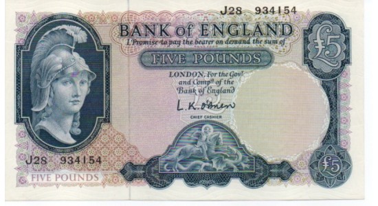 Five Pound - O'Brien - 1961 -  J28 934154 - UNC - B280 - H1048
