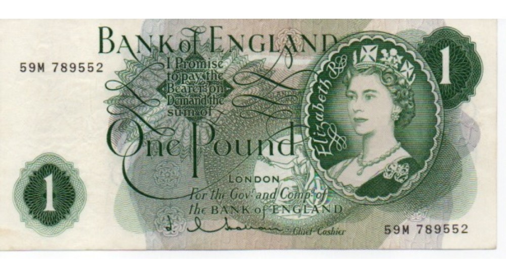 One Pound - Hollom - 1963 - 59M 789552 - Replacement - AUNC - B290 - H1059Banknotes One Pound - Hollom - 1963 - 59M 789552 - Replacement - AUNC - B290 - H1059Banknotes