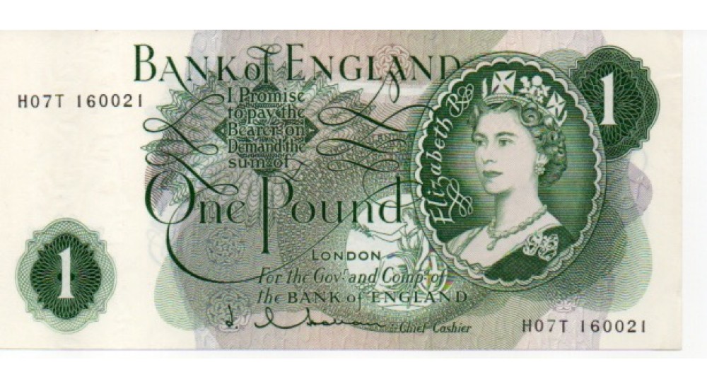One Pound - Hollom - 1963 - H07T 160021 - UNC - B288 - H1067Banknotes One Pound - Hollom - 1963 - H07T 160021 - UNC - B288 - H1067Banknotes