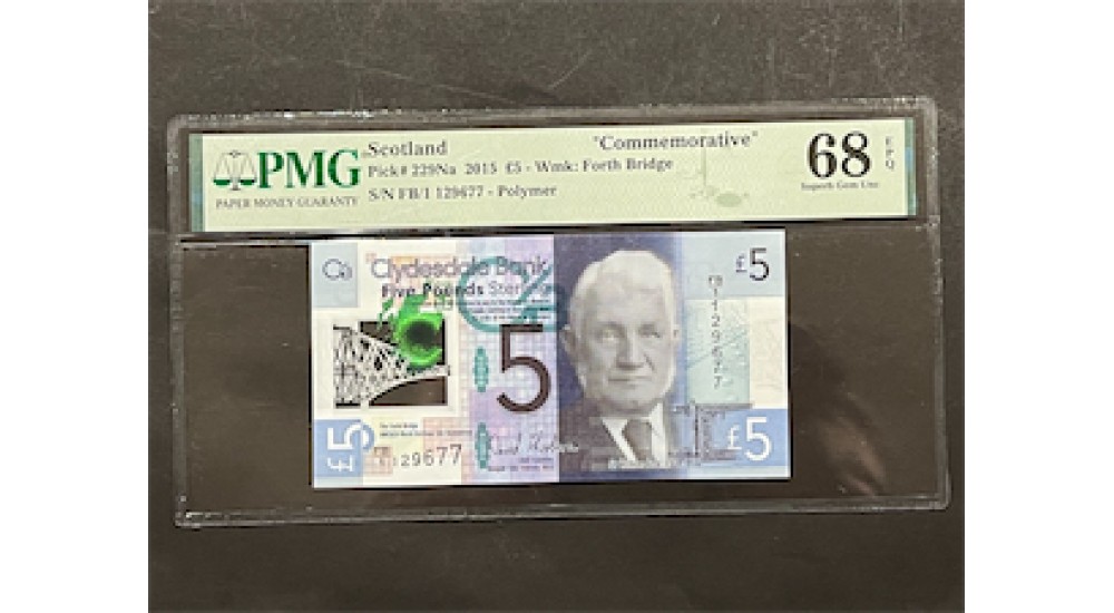 Five Pound FB/1 129677 Thorburn Clydesdale 2015 PMG 68 UNC - H944Banknotes Five Pound FB/1 129677 Thorburn Clydesdale 2015 PMG 68 UNC - H944Banknotes