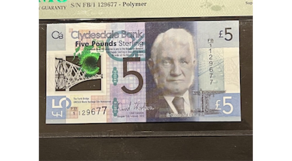 Five Pound FB/1 129677 Thorburn Clydesdale 2015 PMG 68 UNC - H944Banknotes Five Pound FB/1 129677 Thorburn Clydesdale 2015 PMG 68 UNC - H944Banknotes