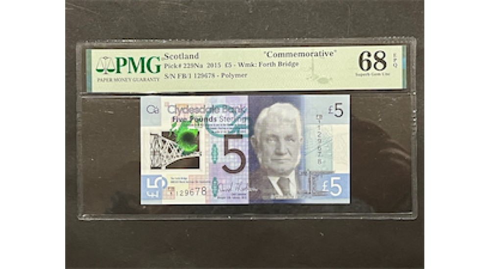 Five Pound FB/1 129678 Clydesdale Thorburn 2015 PMG 68 UNC - H945Banknotes Five Pound FB/1 129678 Clydesdale Thorburn 2015 PMG 68 UNC - H945Banknotes