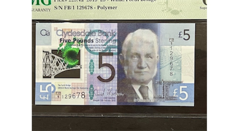 Five Pound FB/1 129678 Clydesdale Thorburn 2015 PMG 68 UNC - H945Banknotes Five Pound FB/1 129678 Clydesdale Thorburn 2015 PMG 68 UNC - H945Banknotes